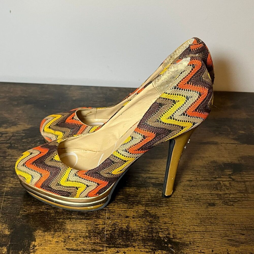Promiscuous Women’s Platform Pumps Heels Size 8 Multicolor Chevron Fall - Picture 5 of 9